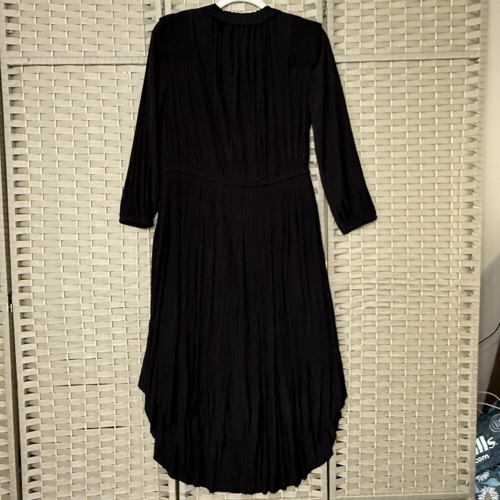 Chico’s Crinkle Pleat Midi Shirt Dress Size 1.5 US 10 Black Ruffle Tie Neck - Picture 2 of 11